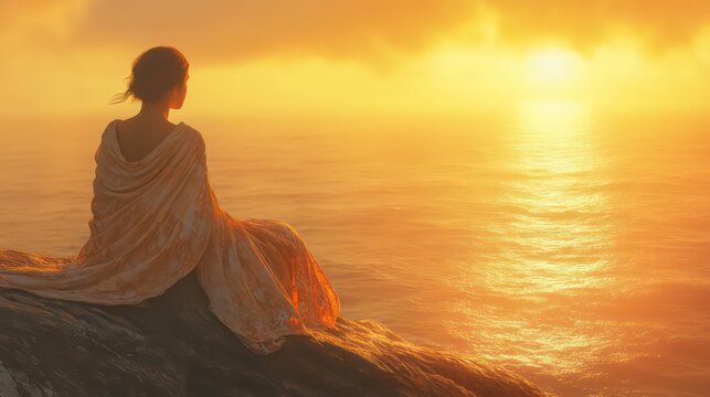 Woman in shawl on rocky cliff, gazing at golden ocean sunset