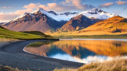 Icelandic Mountain Reflection at Sunrise creating a serene and picturesque natural landscape