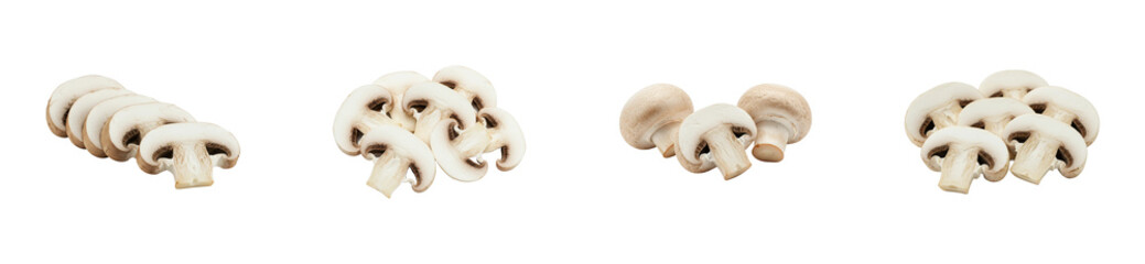 Fototapeta premium Slicing fresh mushrooms kitchen counter food indoor culinary art. Cut out PNG set