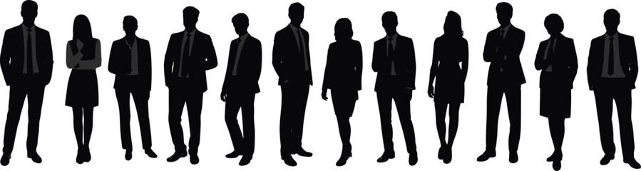Business people silhouette set, corporate team illustration, professional poses, black vector icons, teamwork concept, office staff clipart