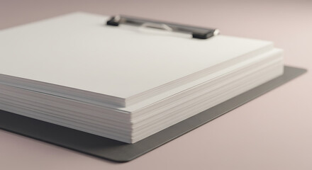 Minimalist clipboard mockup with a stack of blank white paper sheets for presenting designs or documents. Clean and professional template.
