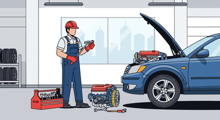 Fototapeta premium Car Mechanic Replacing Engine with Tools in Auto Repair Workshop Illustration