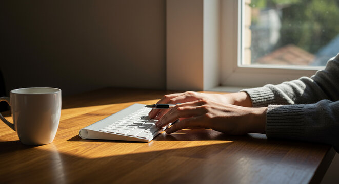 Close-up of hands typing on a wireless keyboard near a window with sunlight, next to a white coffee mug on a wooden desk. - Powered by Adobe