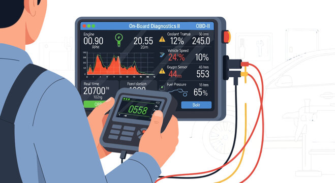 Mechanic Using OBD-II Scanner for Car Engine Diagnostics &ndash; Vehicle Performance Testing Illustration