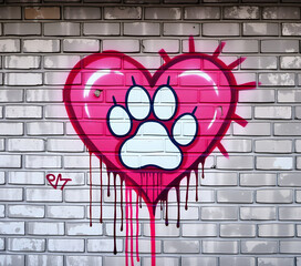 Vibrant Pink Graffiti Heart with a White Paw Print on a Gray Brick Wall