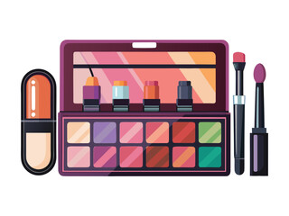 Collection of colorful makeup products including eyeshadow palette and lipsticks isolated on white background
