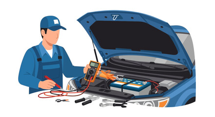 Naklejka premium Car Mechanic Checking Battery Voltage with Multimeter Illustration