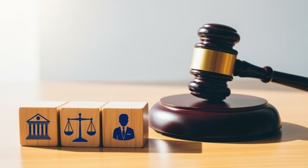 Justice System Concept: Gavel and Wooden Blocks Depicting Courthouse, Scales of Justice, and Attorney on Wooden Surface