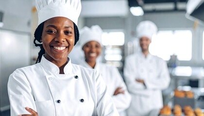Smiling chefs in restaurant kitchen.