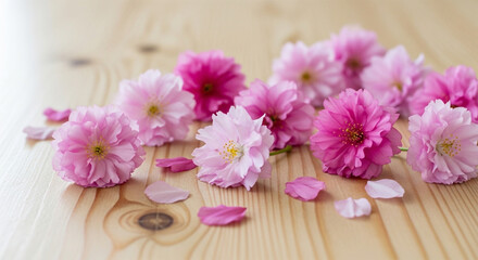 Pink blossoms scattered on light wood