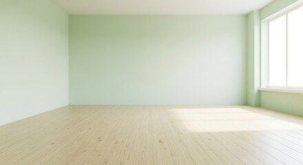 Obraz premium Tranquil Light Green Room with Hardwood Flooring and Natural Illumination Through a Large Window