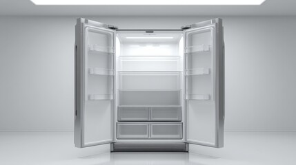 Fototapeta premium Open Empty Stainless Steel Refrigerator in Clean White Kitchen, Ready for Food Storage and Organization