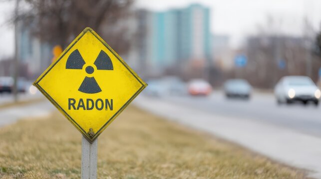Radon Hazard Signage Alerting to Dangerous Gas Levels along Roadside with Cars in the Background