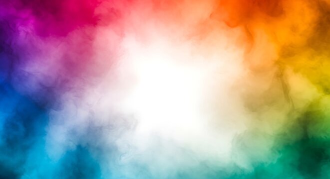 Vibrant rainbow colored smoke against a white background creates a mesmerizing and uplifting