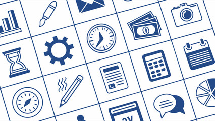 Blue Business and Office Icons on a Grid Pattern.