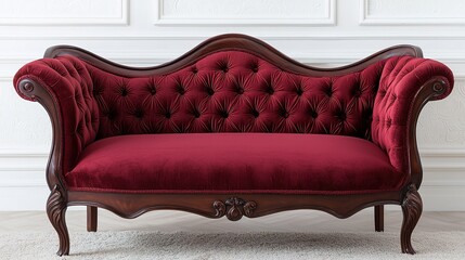 A luxurious red velvet tufted sofa with ornate wooden details, offering an elegant touch to any living space.