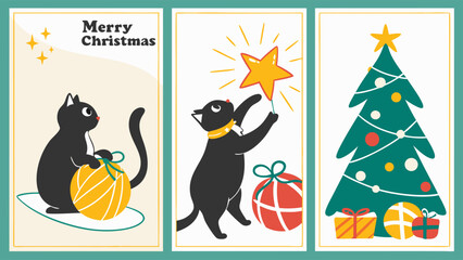 Fototapeta premium Christmas Holiday Cards Featuring a Cat Star and Tree.