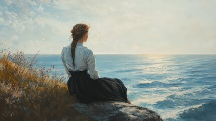 Young woman on cliff edge gazing at sea, hair in loose braid