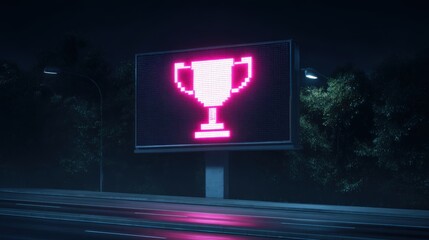 Neon Pixel Art Trophy on Billboard at Night: Celebrating Digital Success and Victory