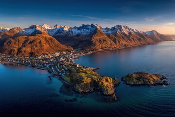 Aerial View Of Coastal Town Surrounded By Mountains And Fjords In Norway