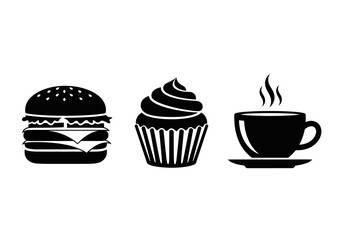 Burger, cupcake, and coffee icons isolated on white background, representing fast food, dessert, and hot beverage