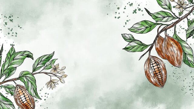 Animated background with watercolor cocoa pods and leaves, ideal for cafe videos, chocolate ads, coffeehouse menus, packaging motion design, or tropical botanical animations.
