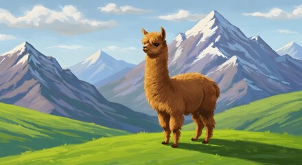 A fluffy brown llama stands on a green field with snowy mountains under a cloudy sky