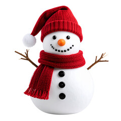 Cozy Snowman Isolated On White Background: A charming snowman adorned with a vibrant red knitted hat and scarf, showcasing the spirit of winter in a festive and joyful scene.
