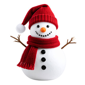 Cozy Snowman Isolated On White Background: A charming snowman adorned with a vibrant red knitted hat and scarf, showcasing the spirit of winter in a festive and joyful scene.