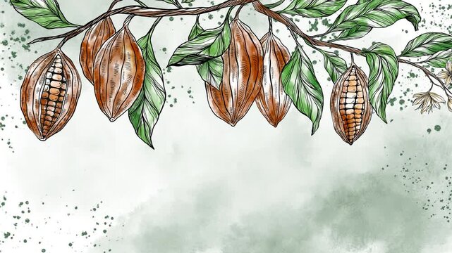 Animated background with watercolor cocoa pods and leaves, ideal for cafe videos, chocolate ads, coffeehouse menus, packaging motion design, or tropical botanical animations.