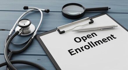 Open Enrollment Concept with Clipboard, Stethoscope, Pen and Magnifying Glass on a Blue Background