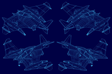 Four fighter jets in detailed wireframe blueprint design, symmetrically arranged on a deep blue background. Each jet features unique combat-ready aerodynamics with crisp white outlines.