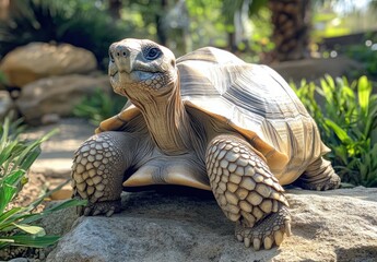 Close-Up of a Tortoise on a Sunny Day in a Lush Green Landscape with Rocks and Plants