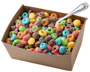 Colorful cereal with milk in cardboard bowl and metal spoon, isolated on transparency background, breakfast food, cheerful and playful mood