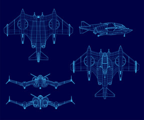 Detailed blueprint of a fighter jet with wireframe design on a blue background. The schematic highlights combat-ready features, including wings, engines, and structural components.