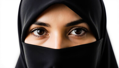 Naklejka premium Extreme close-up of a Middle Eastern woman wearing a black hijab, with intense focus on her expressive eyes, capturing emotion, mystery, and cultural depth through minimalist framing and soft lighting