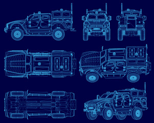 Armored military truck blueprint on blue background displays detailed wireframe design with structural components. Police vehicle features reinforced chassis, tactical layout.