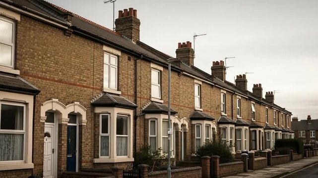 Row of traditional British terraced houses with brick facades, bay windows, and chimneys lining a quiet residential street under an overcast sky.