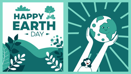 Earth Day illustration with plants hills and a person holding the planet.
