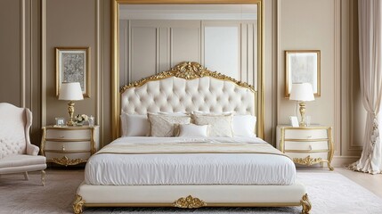 A luxurious bedroom featuring an elegant bed with a tufted headboard, gold accents, and stylish furnishings in a soft, neutral palette.