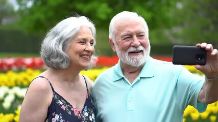 Joyful Senior Couple Capturing Happy Selfie Moments in a Vibrant Spring Flower Park