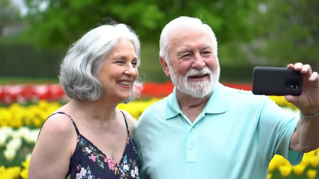 Joyful Senior Couple Capturing Happy Selfie Moments in a Vibrant Spring Flower Park