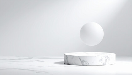 Minimalist Marble Stage: A pristine marble stage and a hovering sphere against a backdrop, embodies elegance and simplicity. The composition captivates with its clean lines.