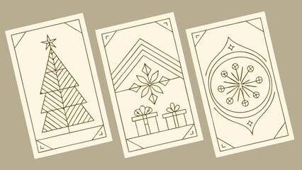 Fototapeta premium Festive Christmas Card Designs Featuring Tree Snowflake and Ornament Illustrations.