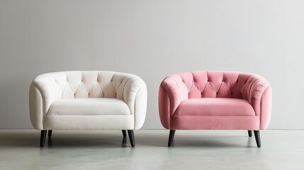 Fototapeta premium Two stylish, tufted armchairs in soft colors-one white and the other pink-set against a minimalist backdrop, adding elegance to any space.