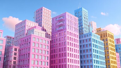 Obraz premium Pastel-colored city buildings under a light blue sky