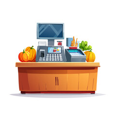 Illustration of a grocery store checkout counter with produce and vegetables