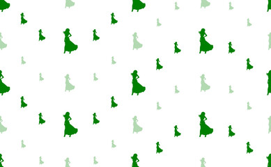 Seamless pattern of large and small green lady symbols. The elements are arranged in a wavy. Illustration on light green background