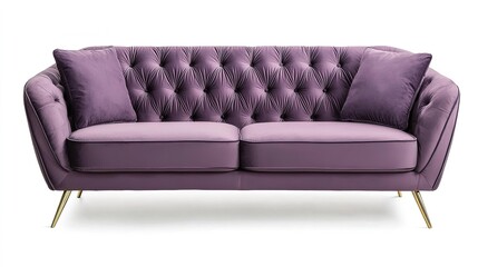Fototapeta premium A stylish purple tufted sofa with soft cushions, featuring a modern design and elegant gold legs, perfect for contemporary living spaces.