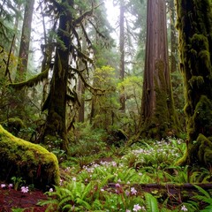 Fototapeta premium Lush temperate rainforest with moss-covered trees and wildflowers carpeting the forest floor